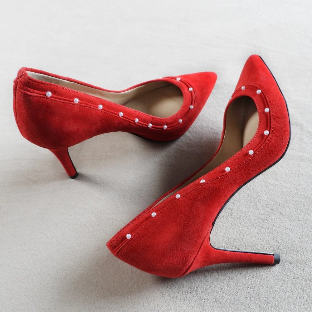 Ann Taylor Red Pumps with White Pearl Trimming